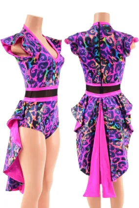 Rainbow Leopard Print Tuxedo Back Romper with V neckline