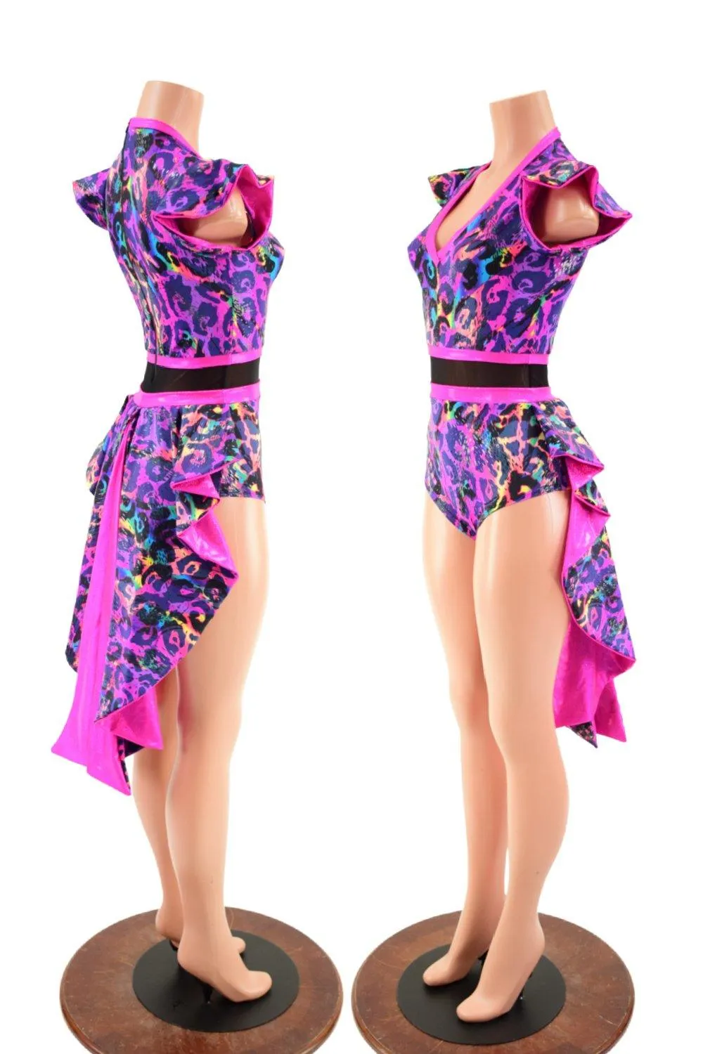 Rainbow Leopard Print Tuxedo Back Romper with V neckline