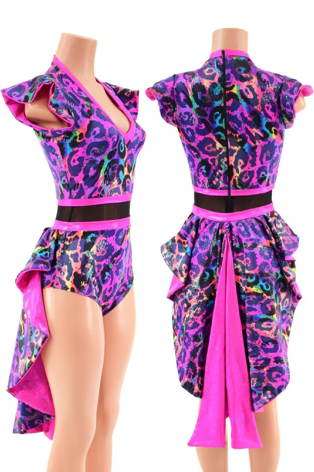 Rainbow Leopard Print Tuxedo Back Romper with V neckline