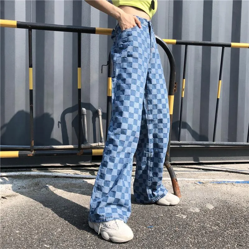 Retro Blue Checkered Washed Denim Loose Pants