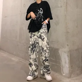 Retro Print Art Hoe White Straight Wide Pants