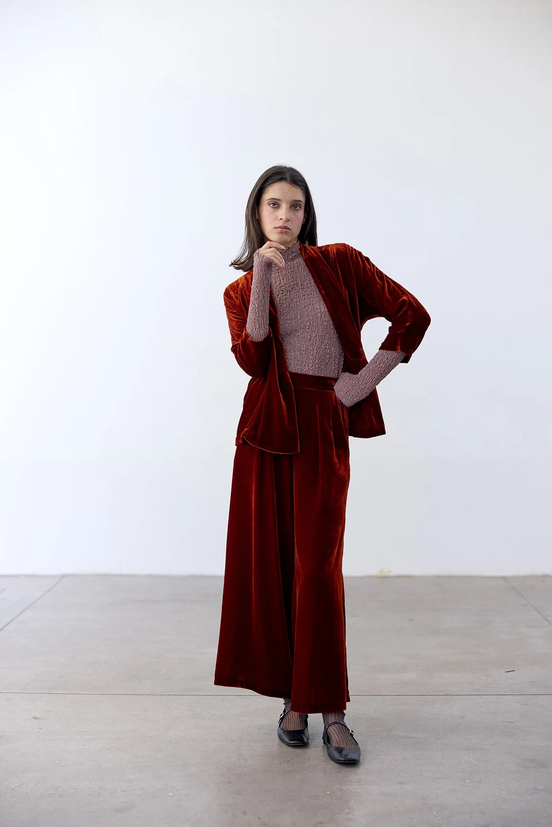 Silk Velvet Wide Leg Trousers - Paprika