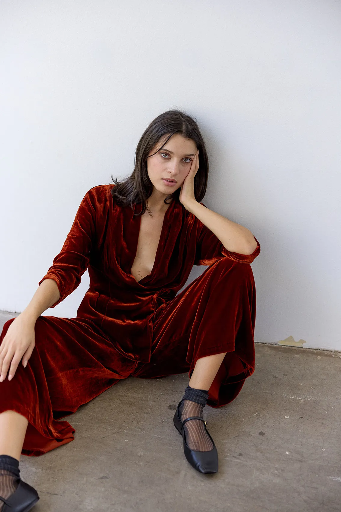 Silk Velvet Wide Leg Trousers - Paprika