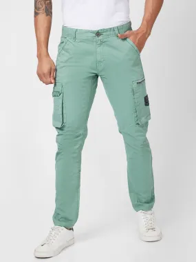 Spykar Men Sage Green Cotton Tapered Fit Ankle Length Mid Rise Cargo Pant