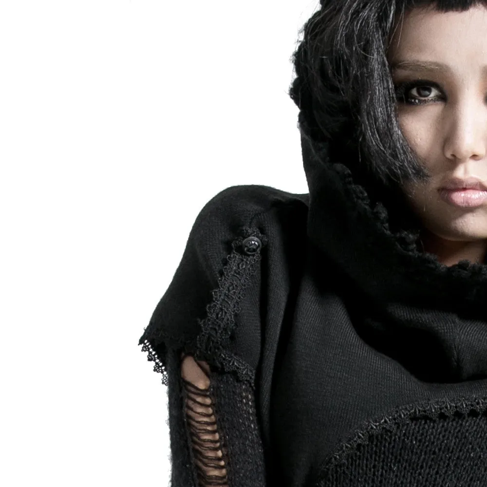 Street Punk / Gothic Black Scarf with Hood - wrap Knit