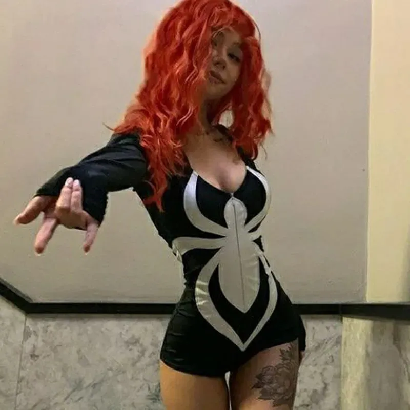 Summer Women Spider web zipper jumpsuit black Gothic Fashion Clothes Backless Sexy Romper Bodysuit Bodycon Playsuit punk Femme