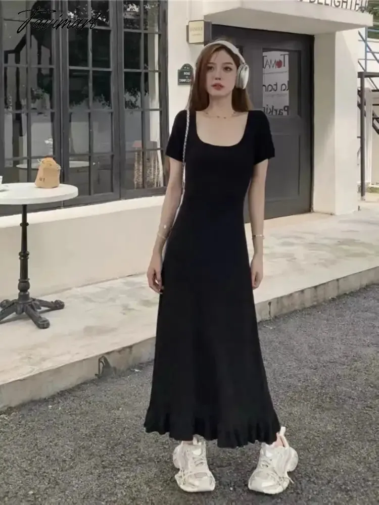 TAVIMART  -  Square Neck Short Sleeve Ice Silk Knit Dress 2024 Summer New French Nicole Ruffle Long Dresses Women's