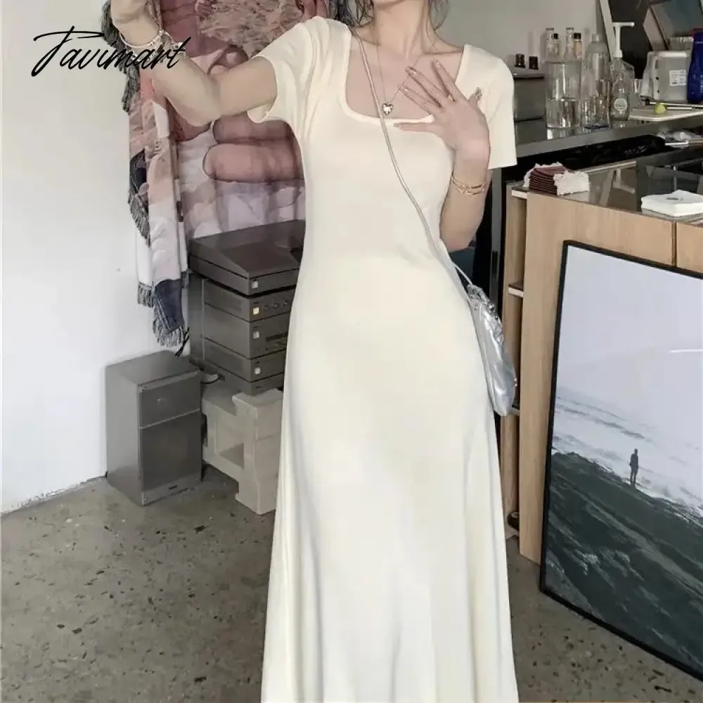 TAVIMART  -  Square Neck Short Sleeve Ice Silk Knit Dress 2024 Summer New French Nicole Ruffle Long Dresses Women's