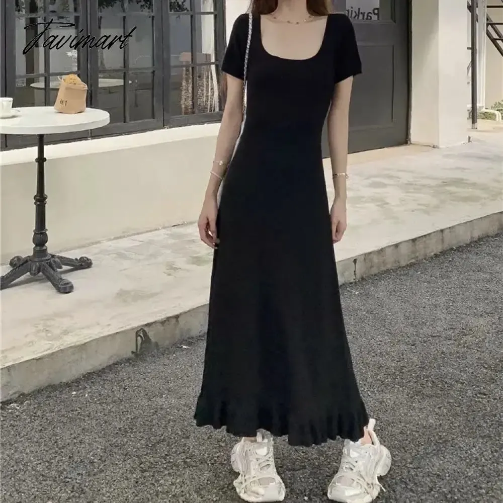 TAVIMART  -  Square Neck Short Sleeve Ice Silk Knit Dress 2024 Summer New French Nicole Ruffle Long Dresses Women's
