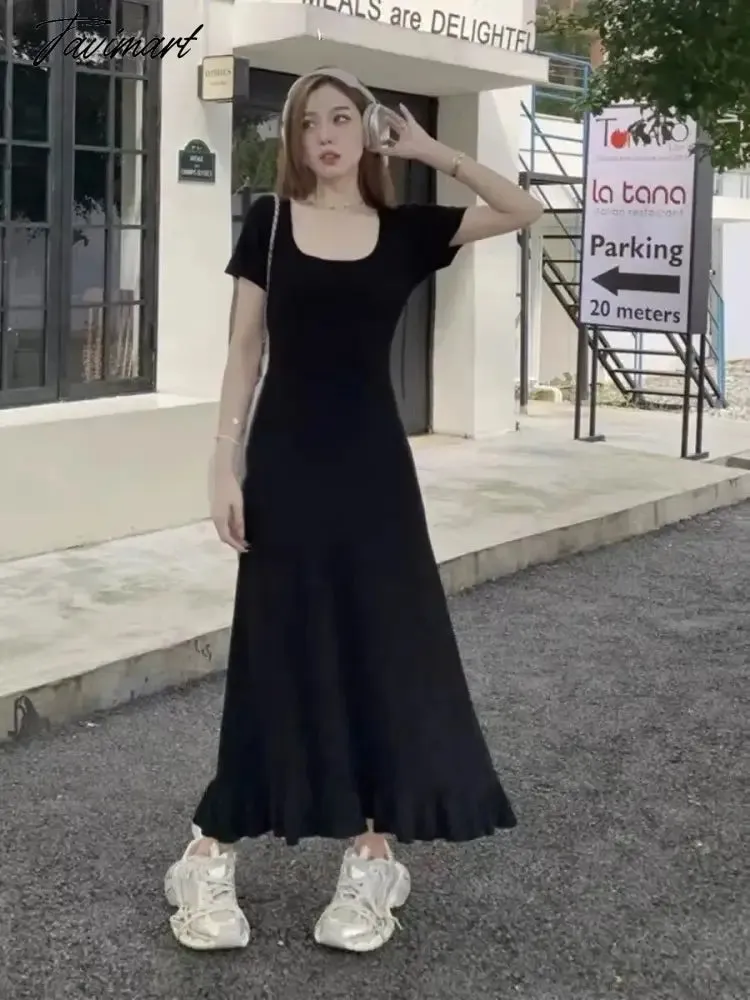 TAVIMART  -  Square Neck Short Sleeve Ice Silk Knit Dress 2024 Summer New French Nicole Ruffle Long Dresses Women's