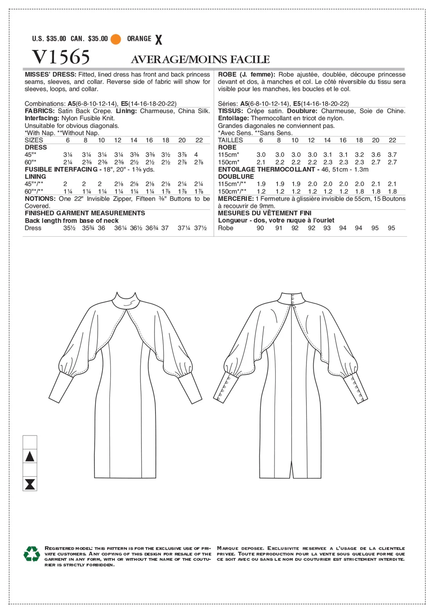 Vogue Pattern V1565 Misses' High Neck Dress with Full Sleeves