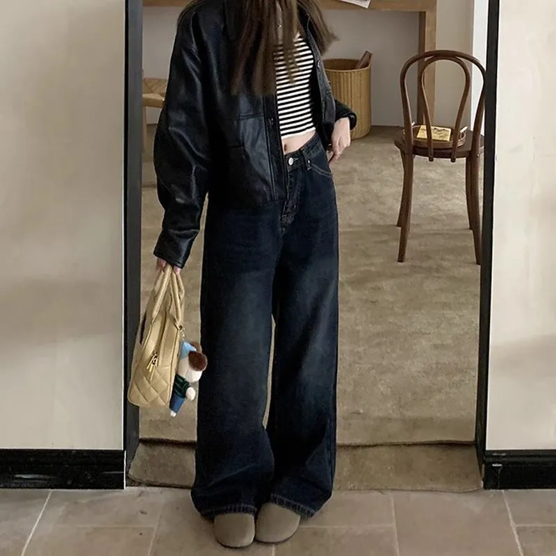 Wenkouban starboy outfit Washed Retro Straight Jeans Women's Autumn Small High Waist Loose Slimming Wide Leg Mop Long