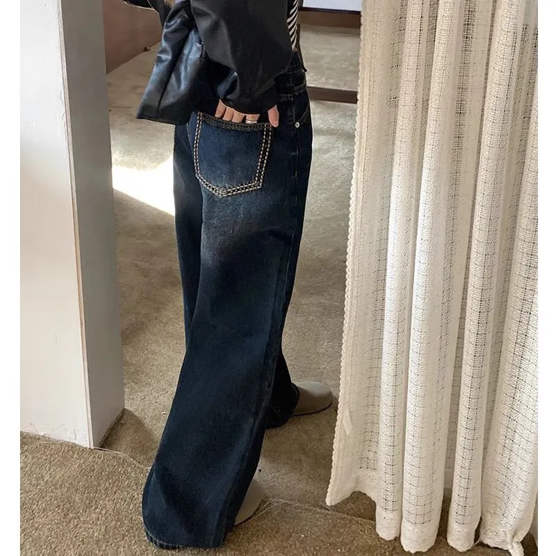 Wenkouban starboy outfit Washed Retro Straight Jeans Women's Autumn Small High Waist Loose Slimming Wide Leg Mop Long