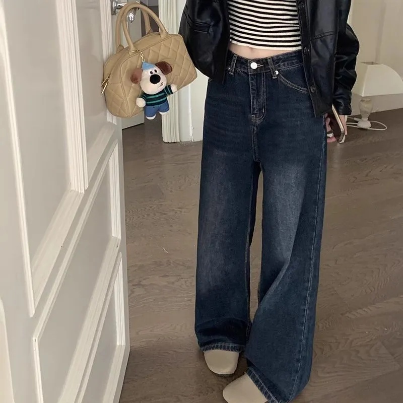 Wenkouban starboy outfit Washed Retro Straight Jeans Women's Autumn Small High Waist Loose Slimming Wide Leg Mop Long