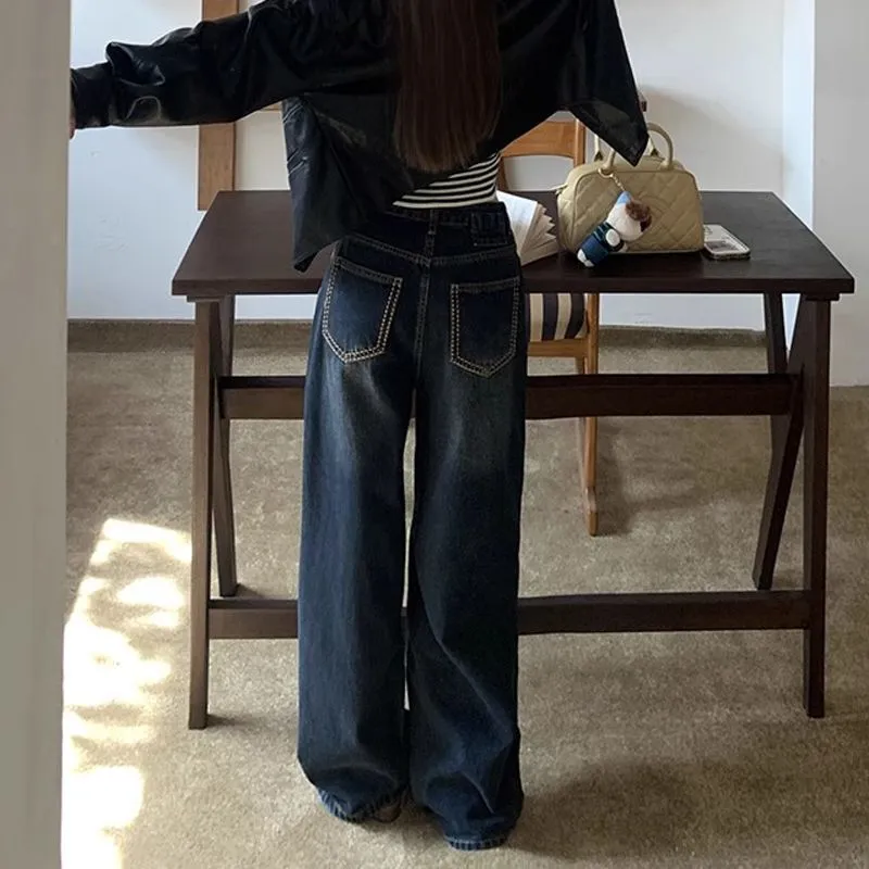 Wenkouban starboy outfit Washed Retro Straight Jeans Women's Autumn Small High Waist Loose Slimming Wide Leg Mop Long