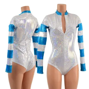 White Kaleidoscope and Peacock Holographic Color Blocked Stella Romper