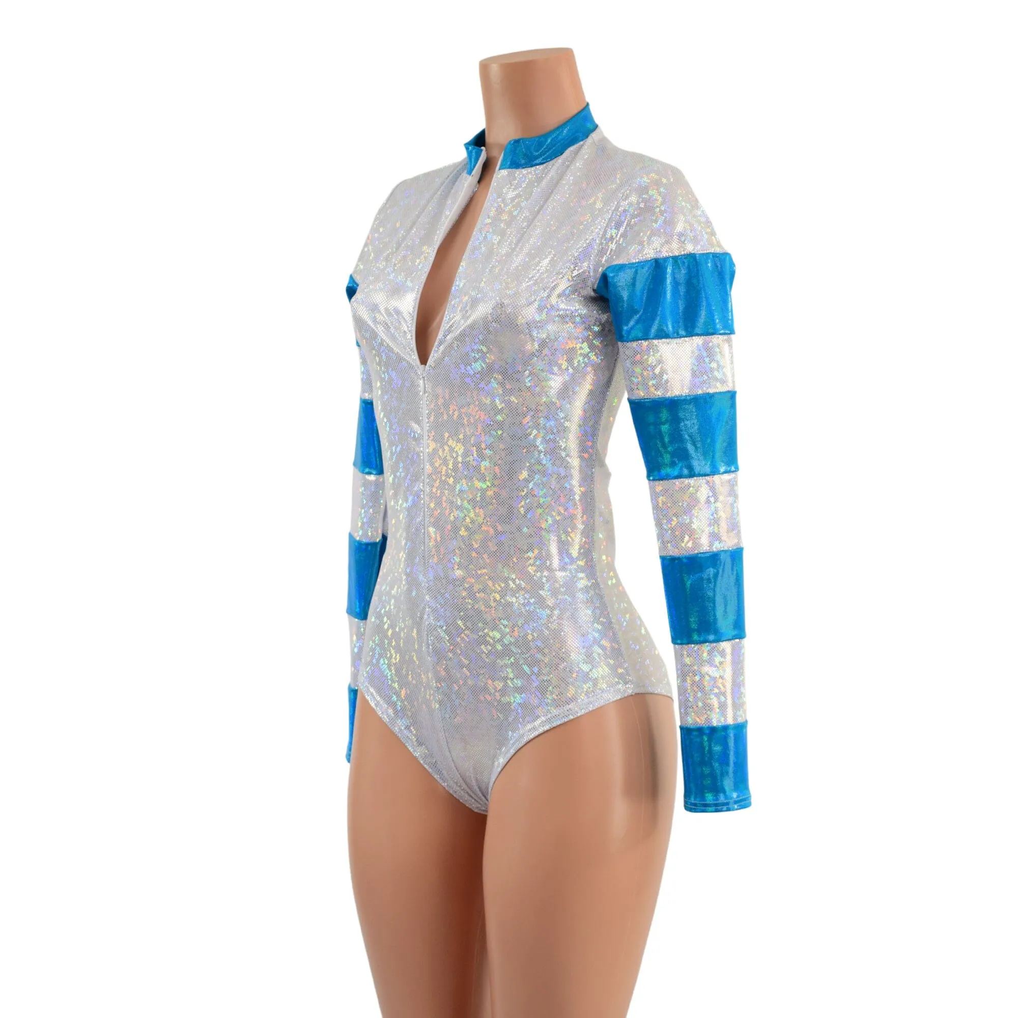 White Kaleidoscope and Peacock Holographic Color Blocked Stella Romper