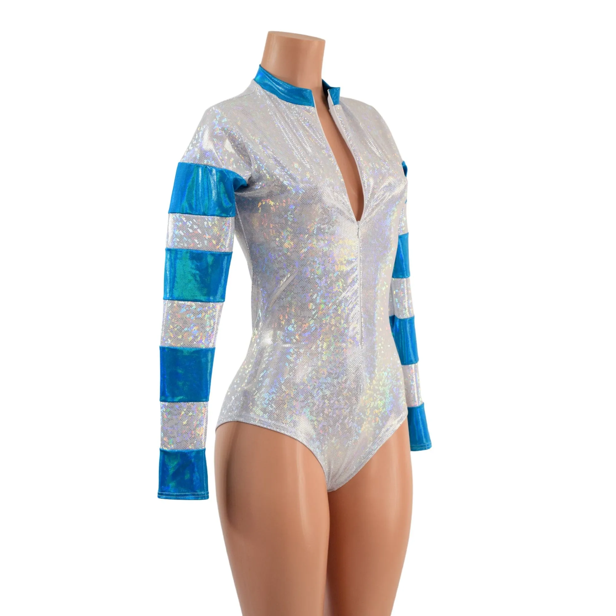 White Kaleidoscope and Peacock Holographic Color Blocked Stella Romper