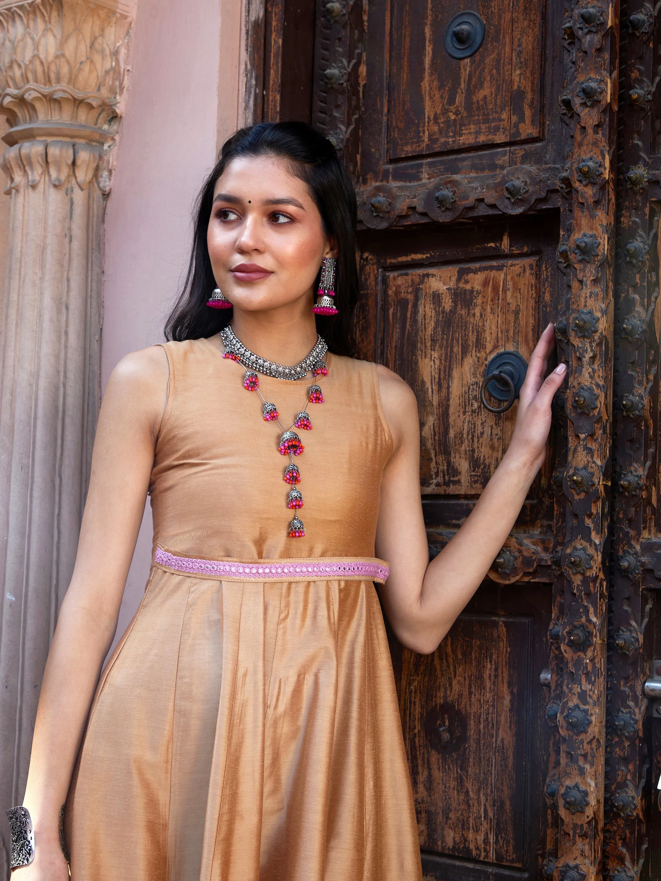 Women Beige Mirror Lace Waistband Long Anarkali Kurta