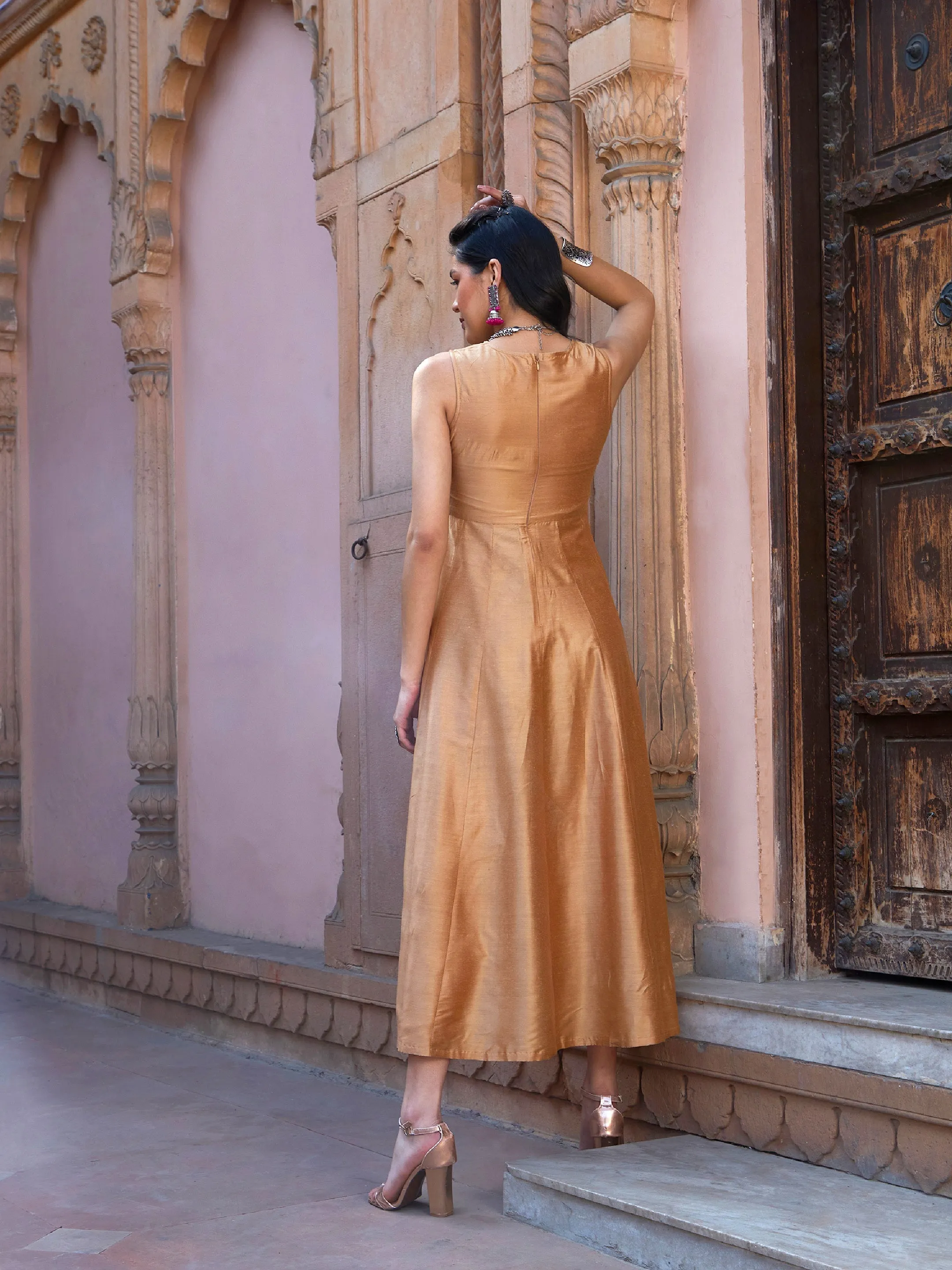 Women Beige Mirror Lace Waistband Long Anarkali Kurta
