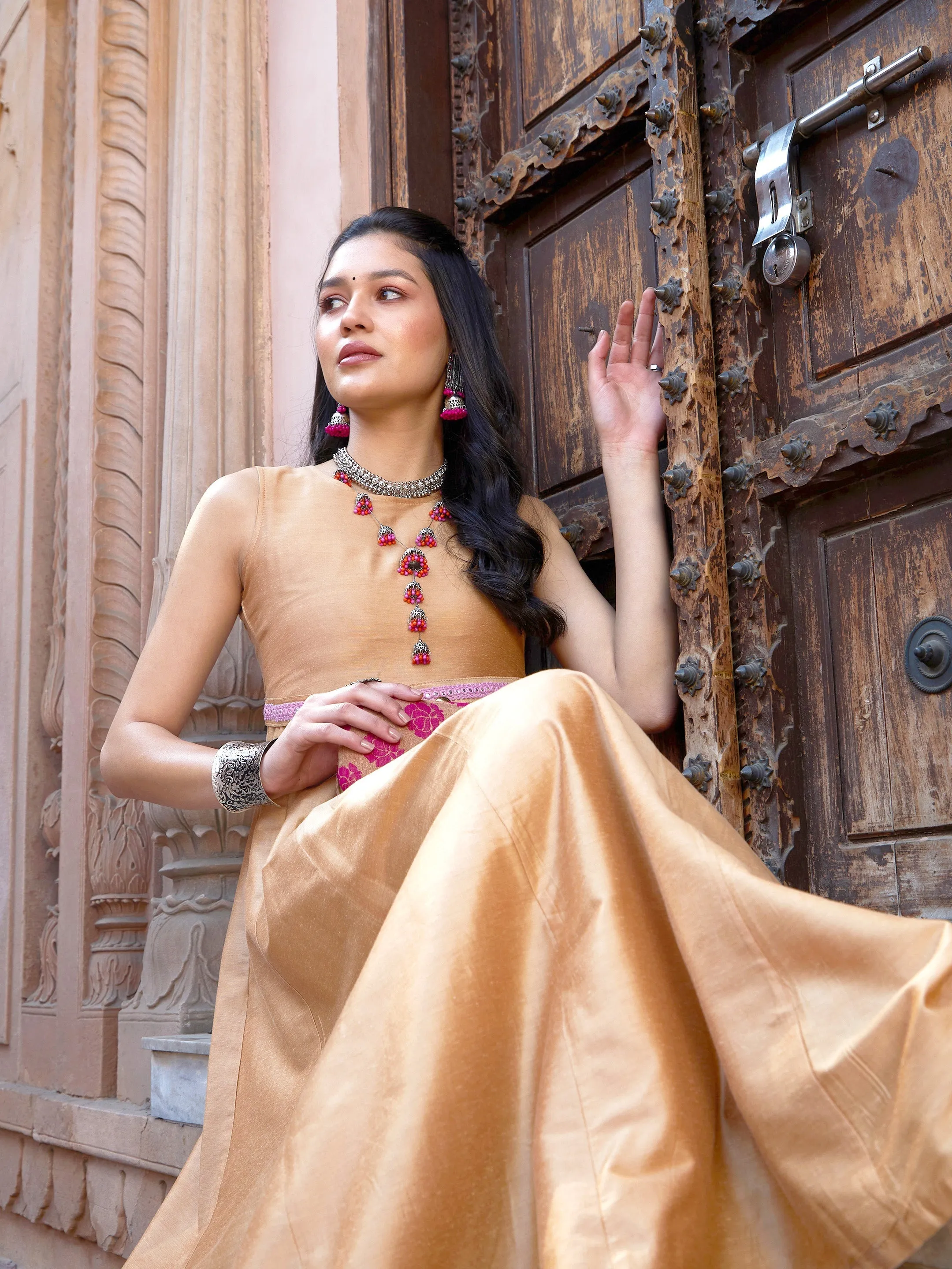 Women Beige Mirror Lace Waistband Long Anarkali Kurta