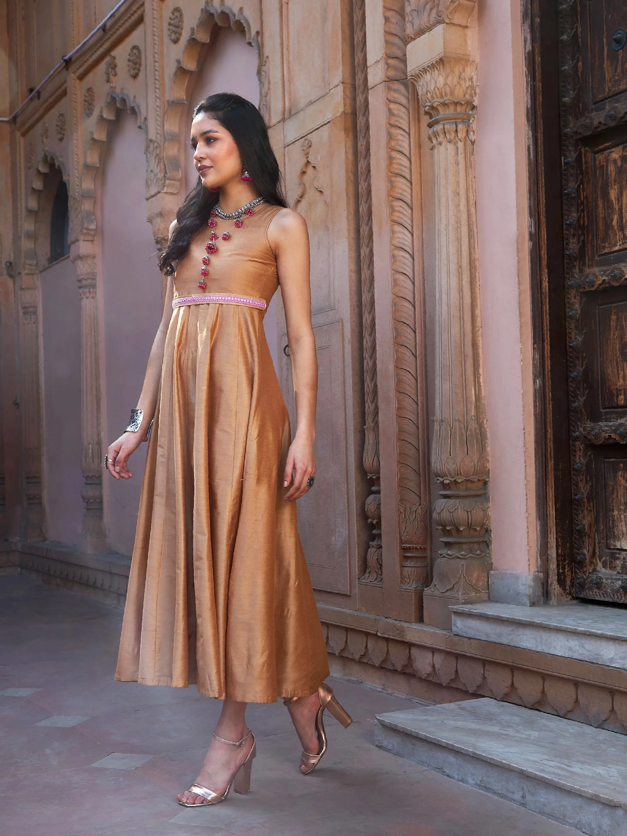 Women Beige Mirror Lace Waistband Long Anarkali Kurta