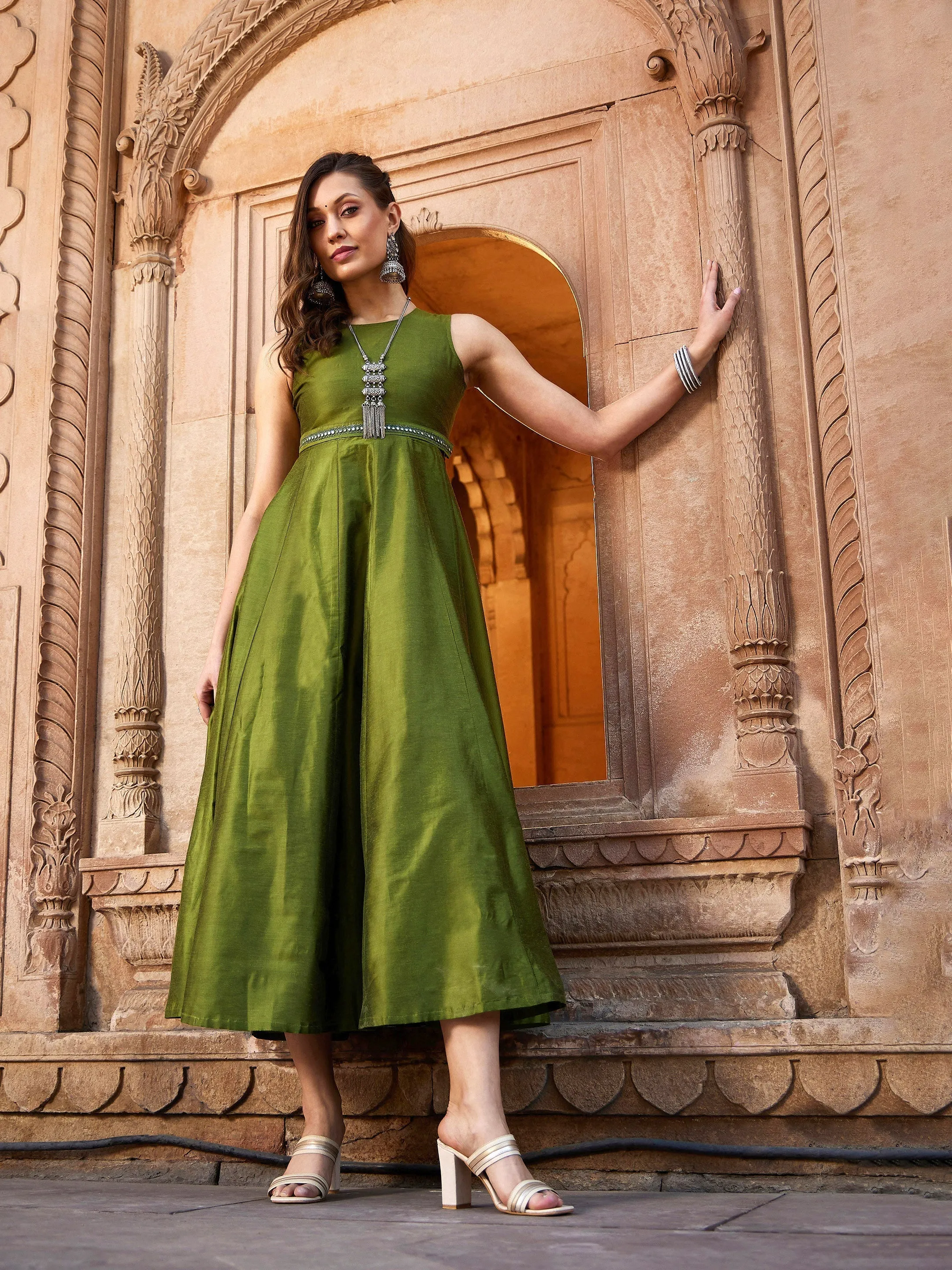 Women Olive Mirror Lace Waistband Long Anarkali Kurta