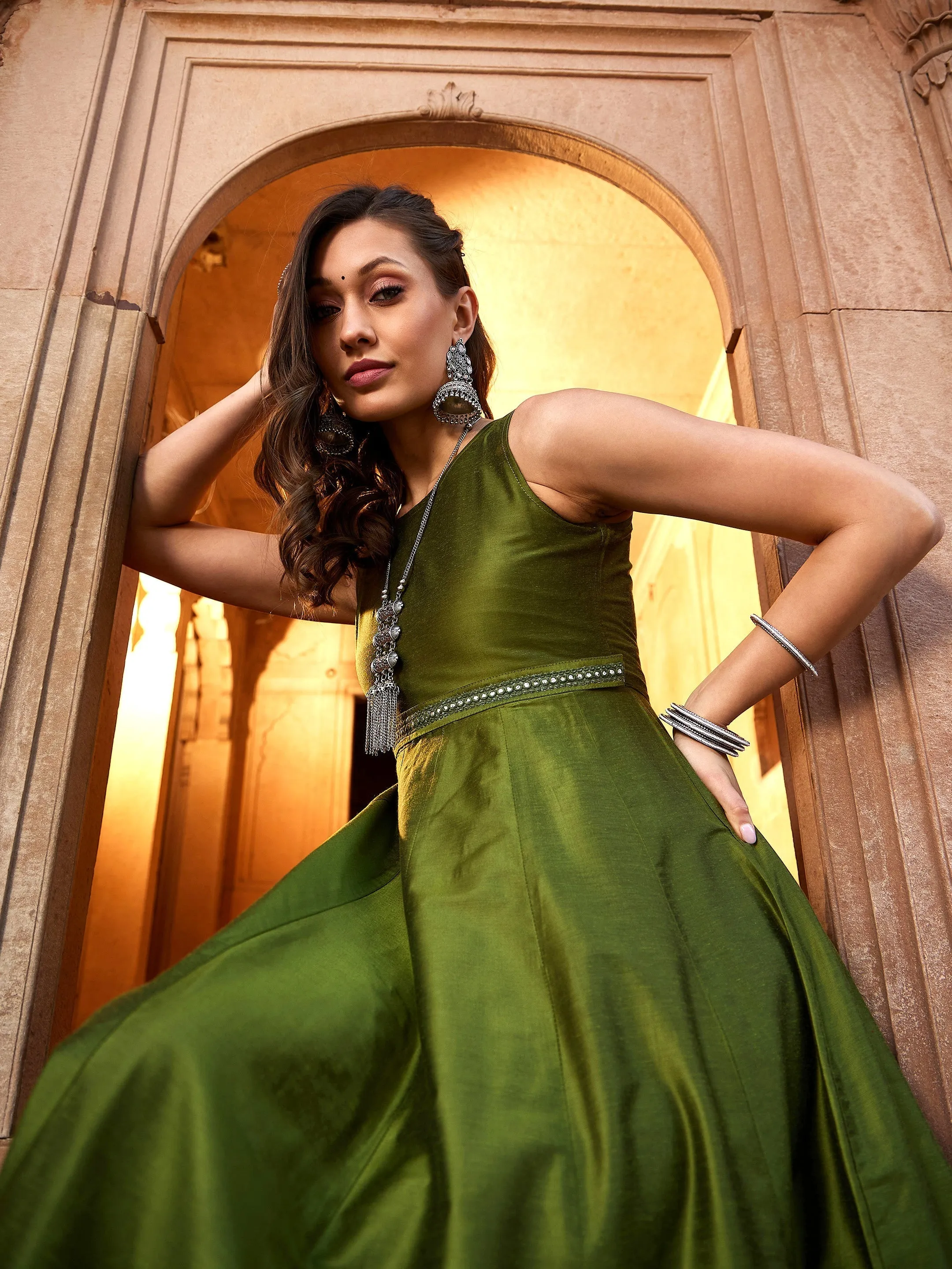 Women Olive Mirror Lace Waistband Long Anarkali Kurta
