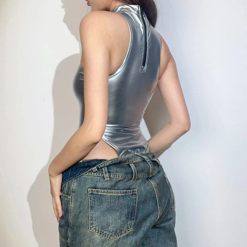 Women's Punk Stand Collar Glistening Romper
