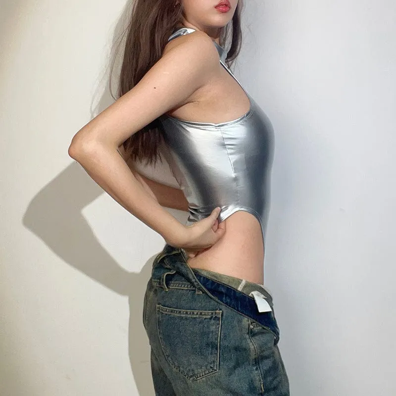 Women's Punk Stand Collar Glistening Romper
