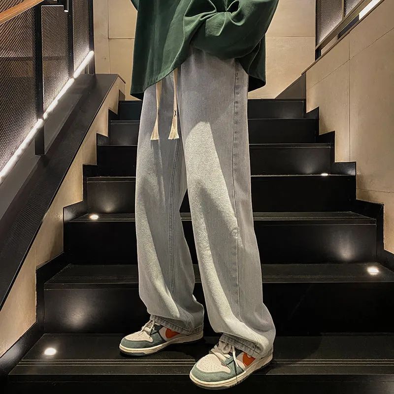 Youth Retro Solid Color Jeans Men's Spring and Autumn Straight Loose Wide Leg American High Street All-Matching Casual Long Pants