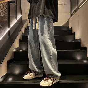 Youth Retro Solid Color Jeans Men's Spring and Autumn Straight Loose Wide Leg American High Street All-Matching Casual Long Pants