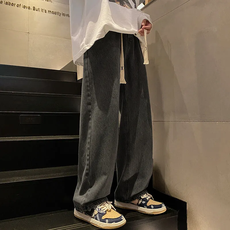 Youth Retro Solid Color Jeans Men's Spring and Autumn Straight Loose Wide Leg American High Street All-Matching Casual Long Pants