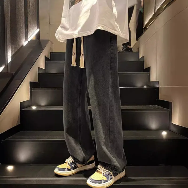 Youth Retro Solid Color Jeans Men's Spring and Autumn Straight Loose Wide Leg American High Street All-Matching Casual Long Pants