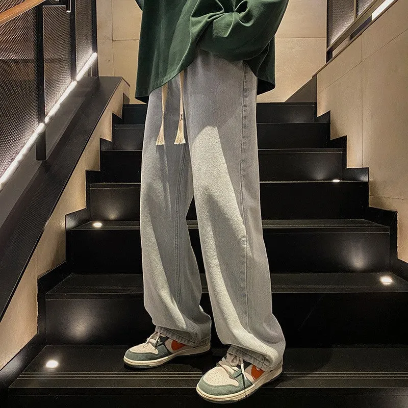 Youth Retro Solid Color Jeans Men's Spring and Autumn Straight Loose Wide Leg American High Street All-Matching Casual Long Pants