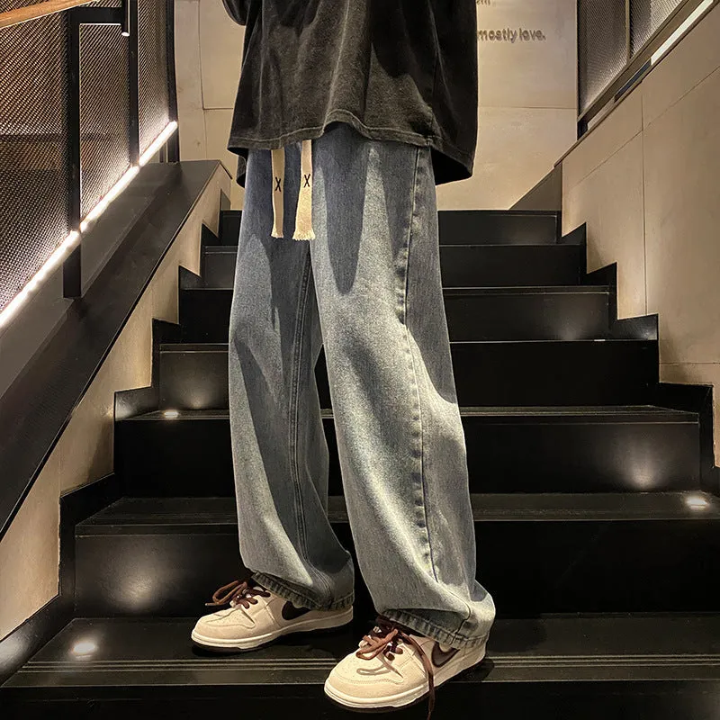 Youth Retro Solid Color Jeans Men's Spring and Autumn Straight Loose Wide Leg American High Street All-Matching Casual Long Pants