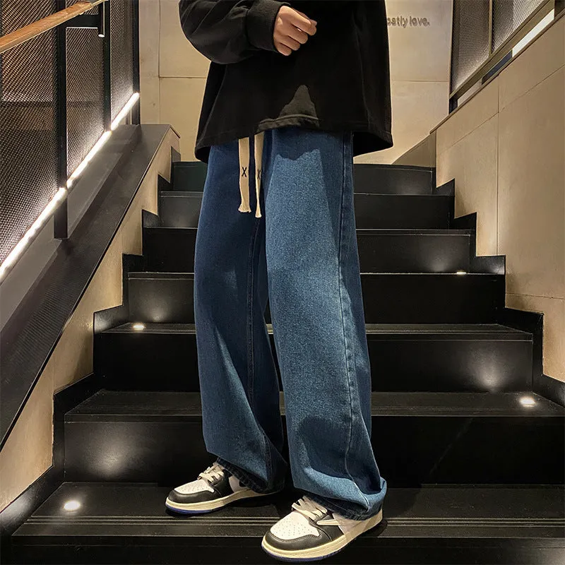 Youth Retro Solid Color Jeans Men's Spring and Autumn Straight Loose Wide Leg American High Street All-Matching Casual Long Pants